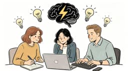 Three young professionals designing an explainer video flow with charts and process blocks in a clean blue illustration