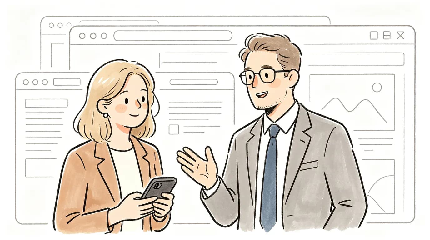 Minimalist business illustration of a team discussing a free animated video maker process with charts and boards