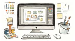 Three young colleagues analyzing video animation process maps and data charts in a modern office illustration