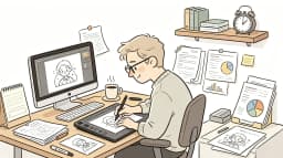 Cartoon engineer reviewing AI storyboard tool panels on multiple holographic screens