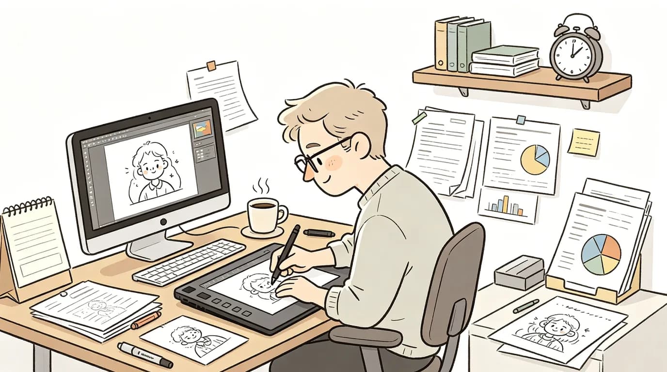 Cartoon engineer reviewing AI storyboard tool panels on multiple holographic screens