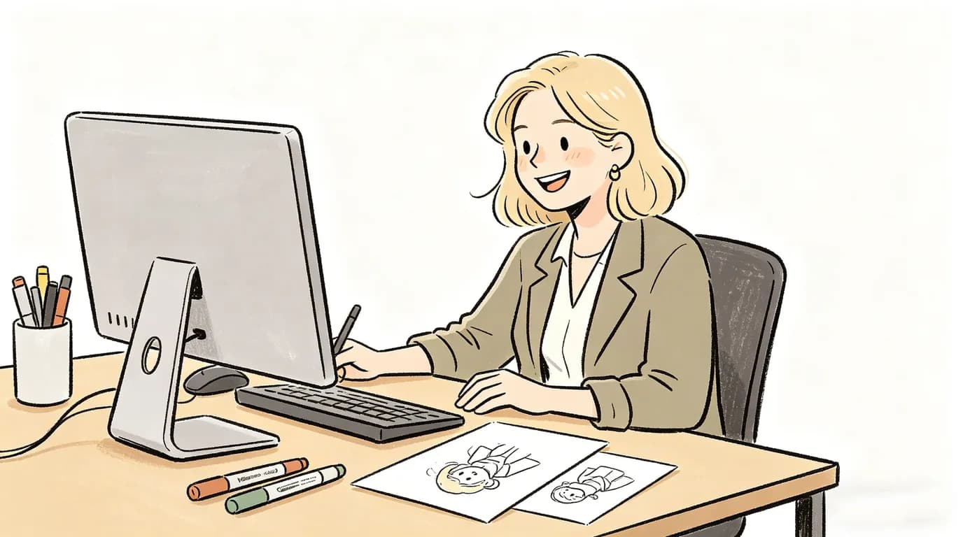 Cartoon content director comparing AI graphic design output with human designer work