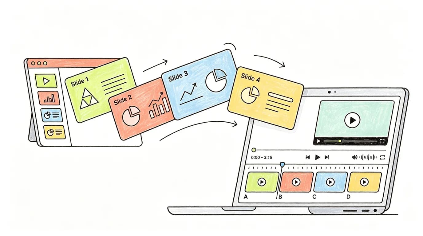 Presentation slides transforming into a clean video timeline on a laptop screen