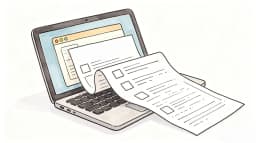Laptop and documents on a wooden desk for document to video workflow