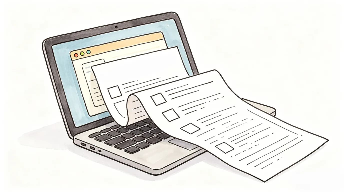 Laptop and documents on a wooden desk for document to video workflow