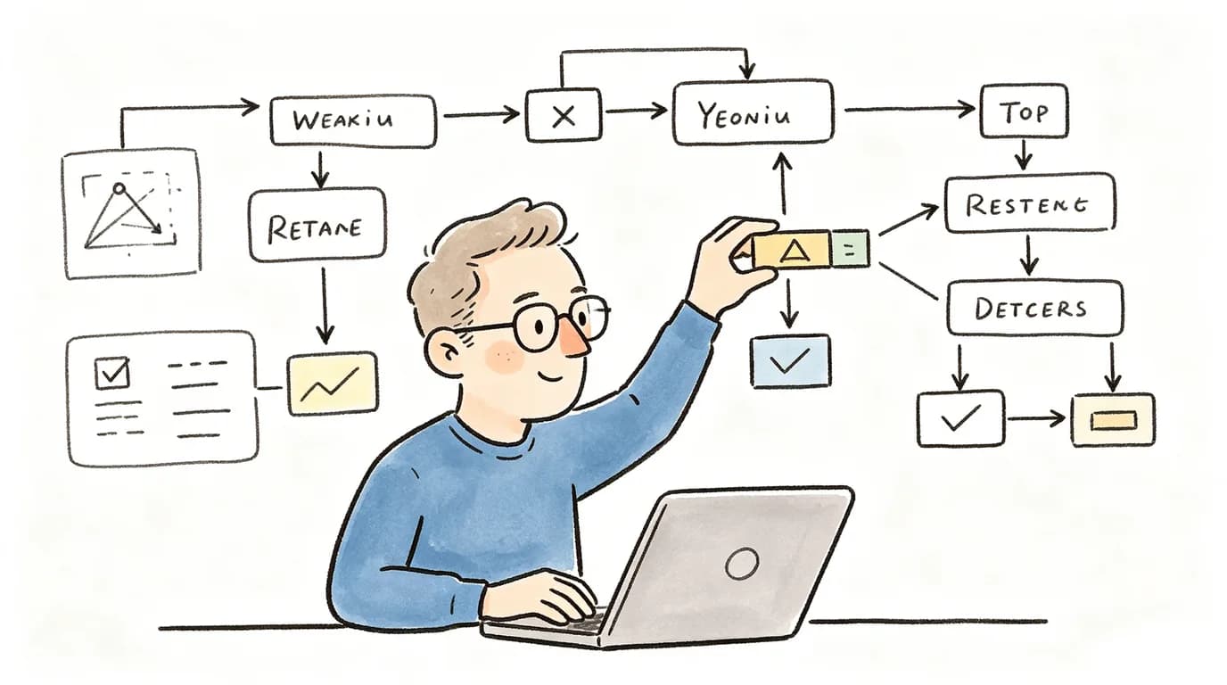 Three young professionals reviewing AI storyboard outputs, metrics, and flow diagrams in a blue business illustration