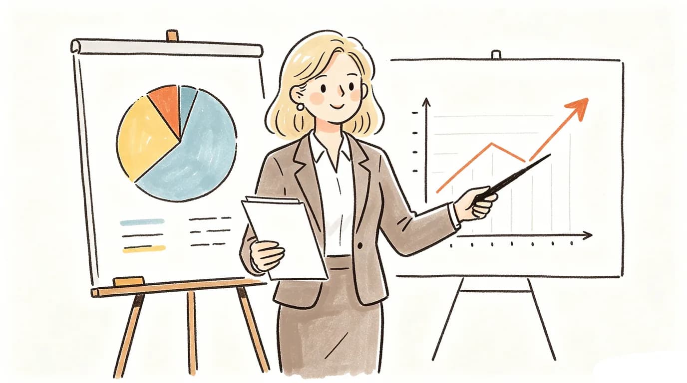 Business illustration of a team discussing explainer video strategy with data panels and workflow charts
