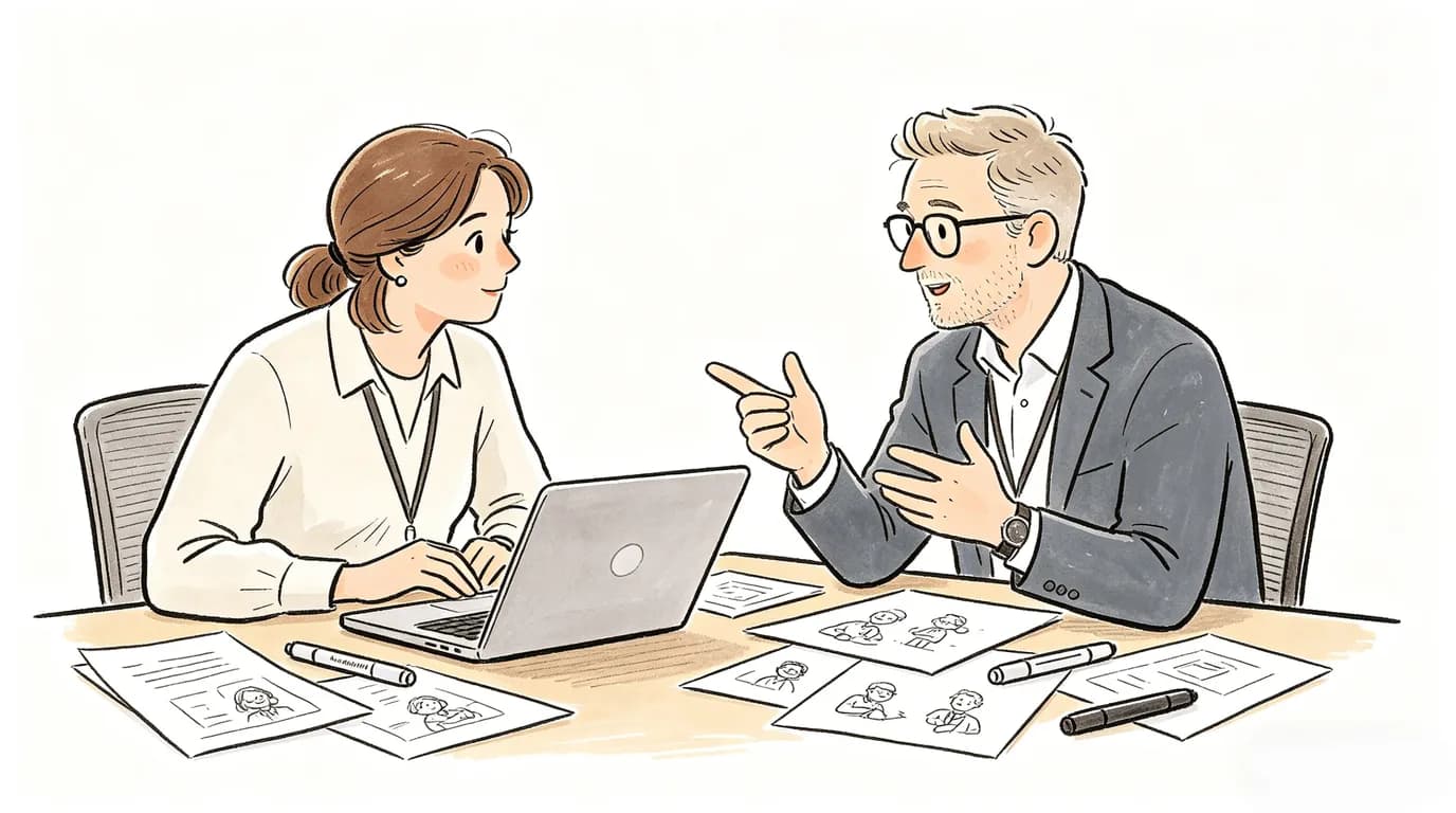 Three young professionals discussing motion graphics workflow at a whiteboard in a clean blue business illustration style