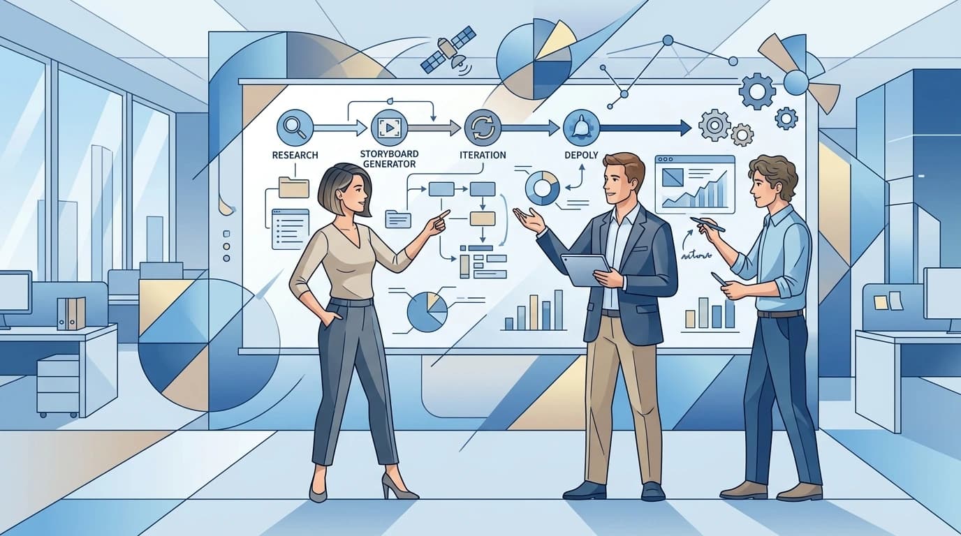Team using AI storyboard blocks and chart data on a whiteboard in a geometric blue illustration