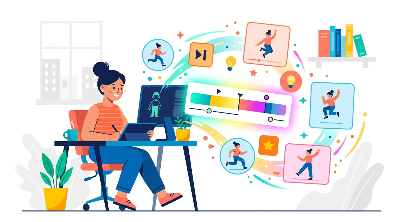 Professional studio timeline with AI-generated animation frames displayed on large monitor