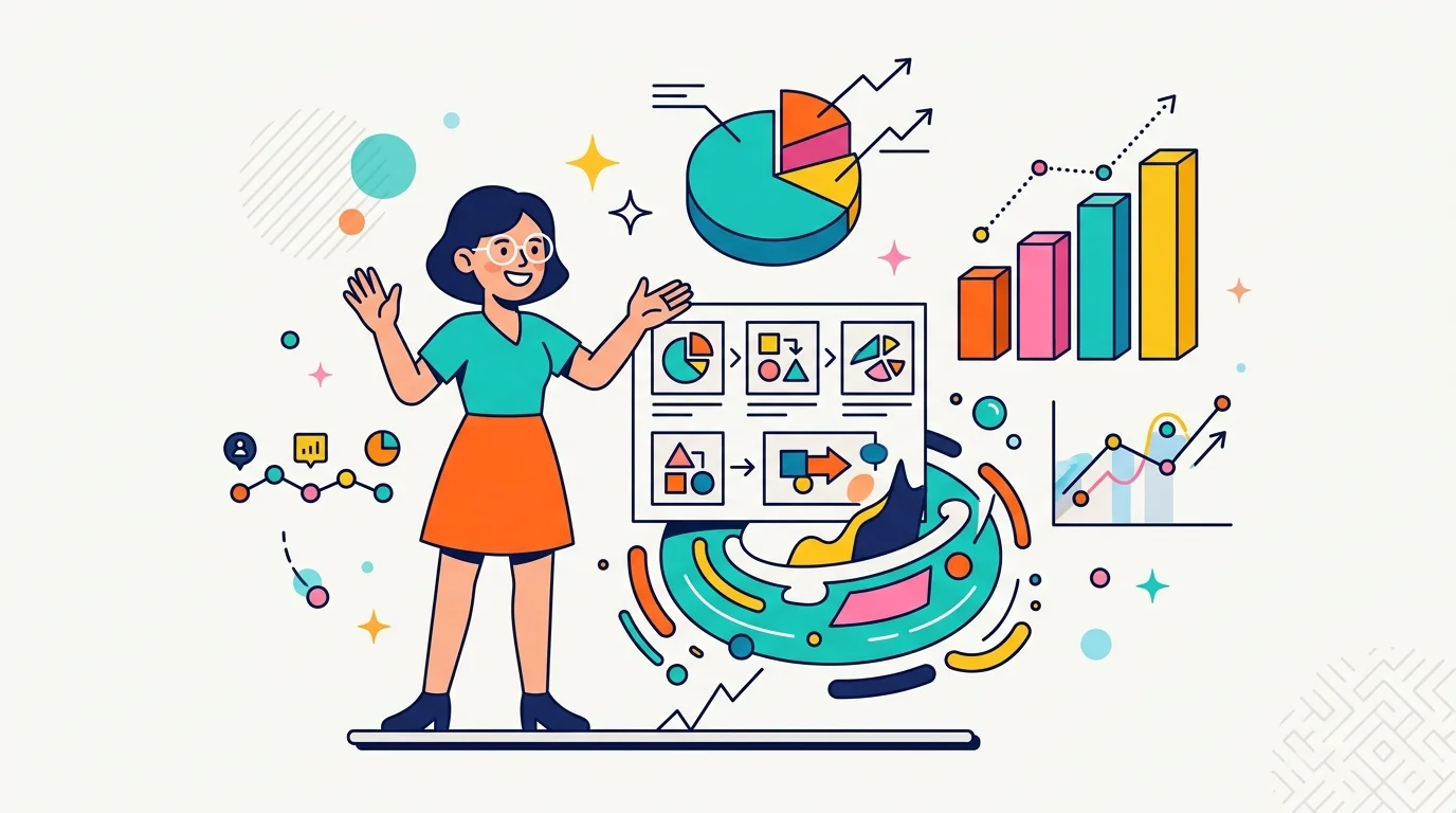 Animated data charts and infographic elements flowing together in a clean colorful explainer layout