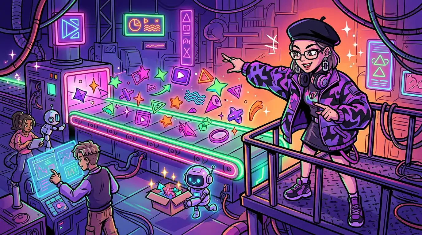 Stylish cartoon director overseeing neon AI motion graphics production line