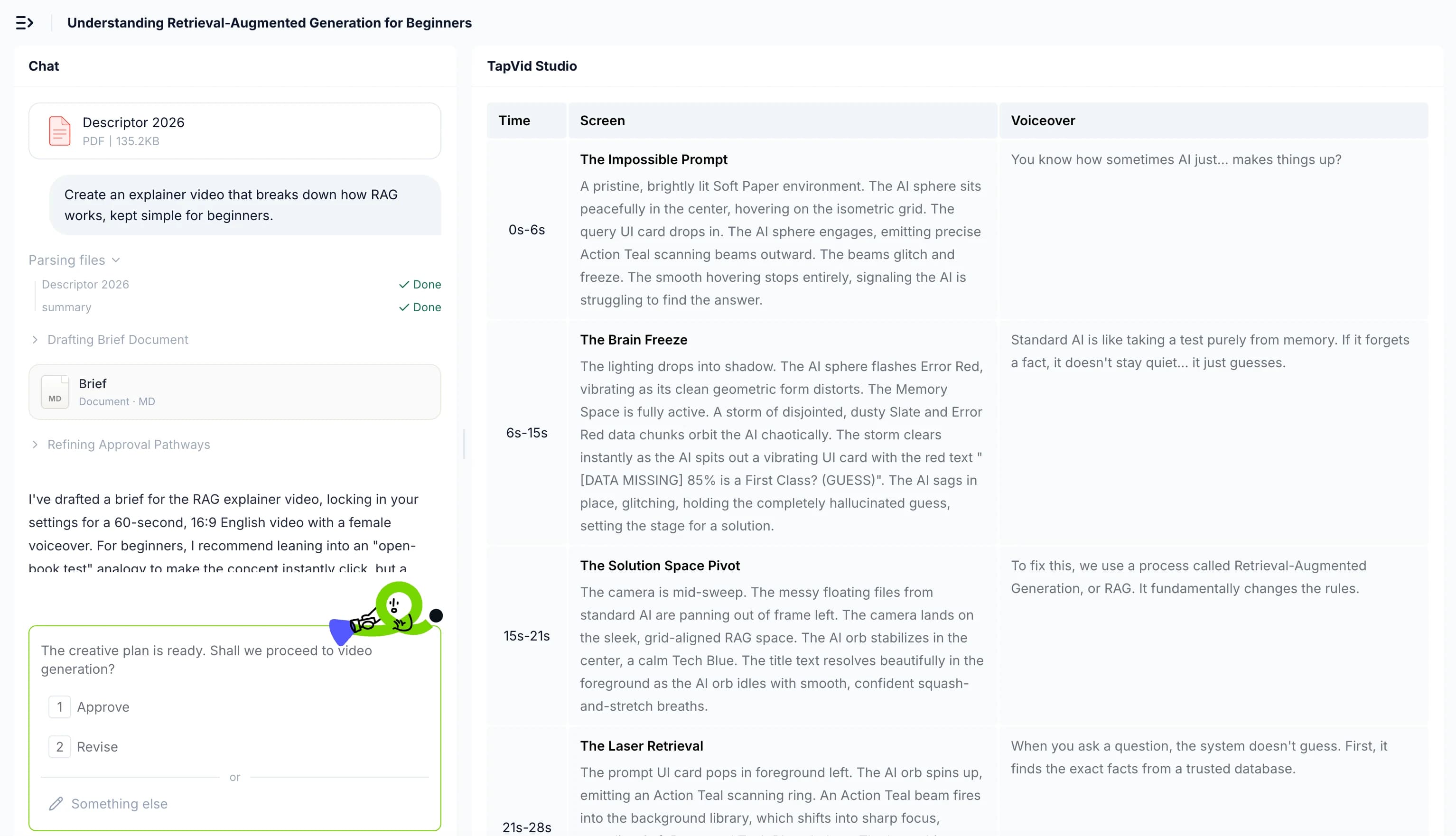 TapVid Studio showing the chat panel beside the generated video and its scene breakdown
