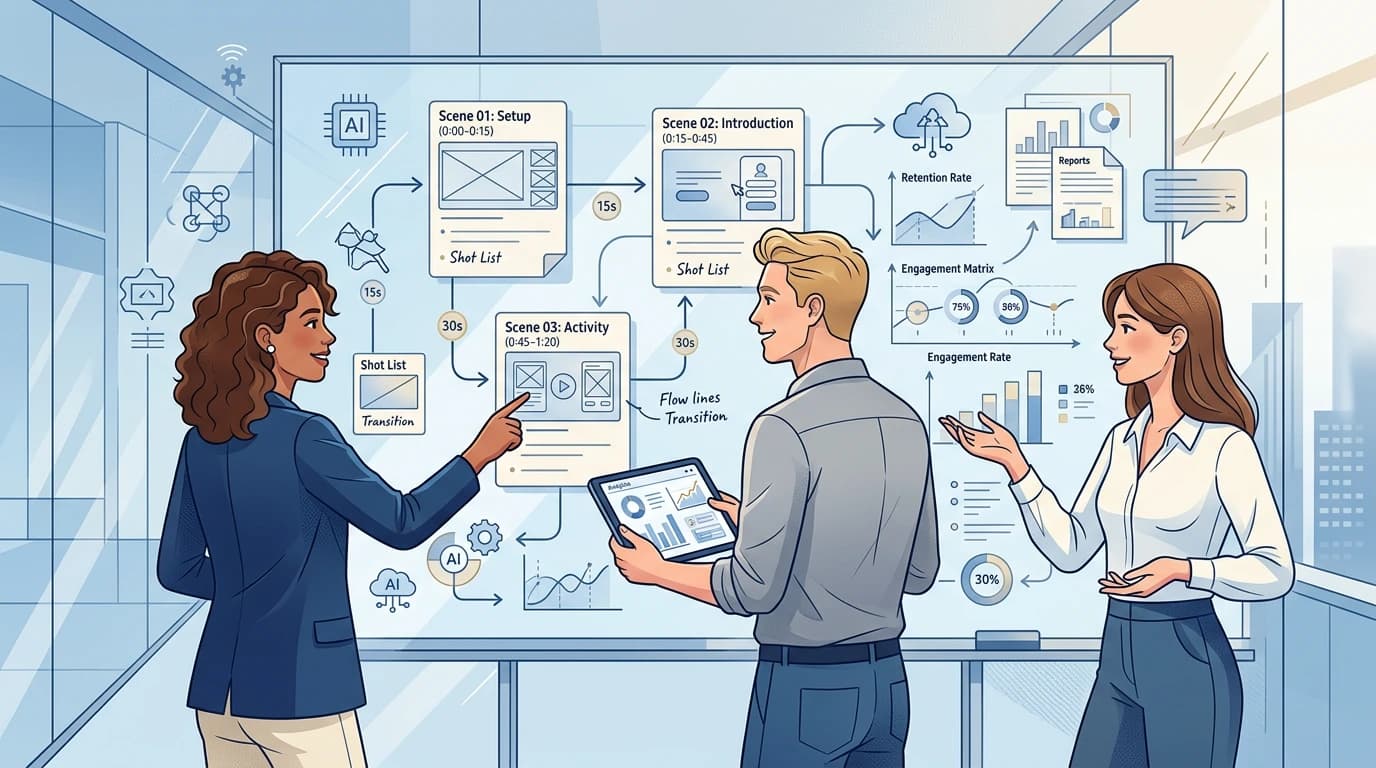 Three young professionals reviewing storyboard panels and process diagrams on a whiteboard in blue tones