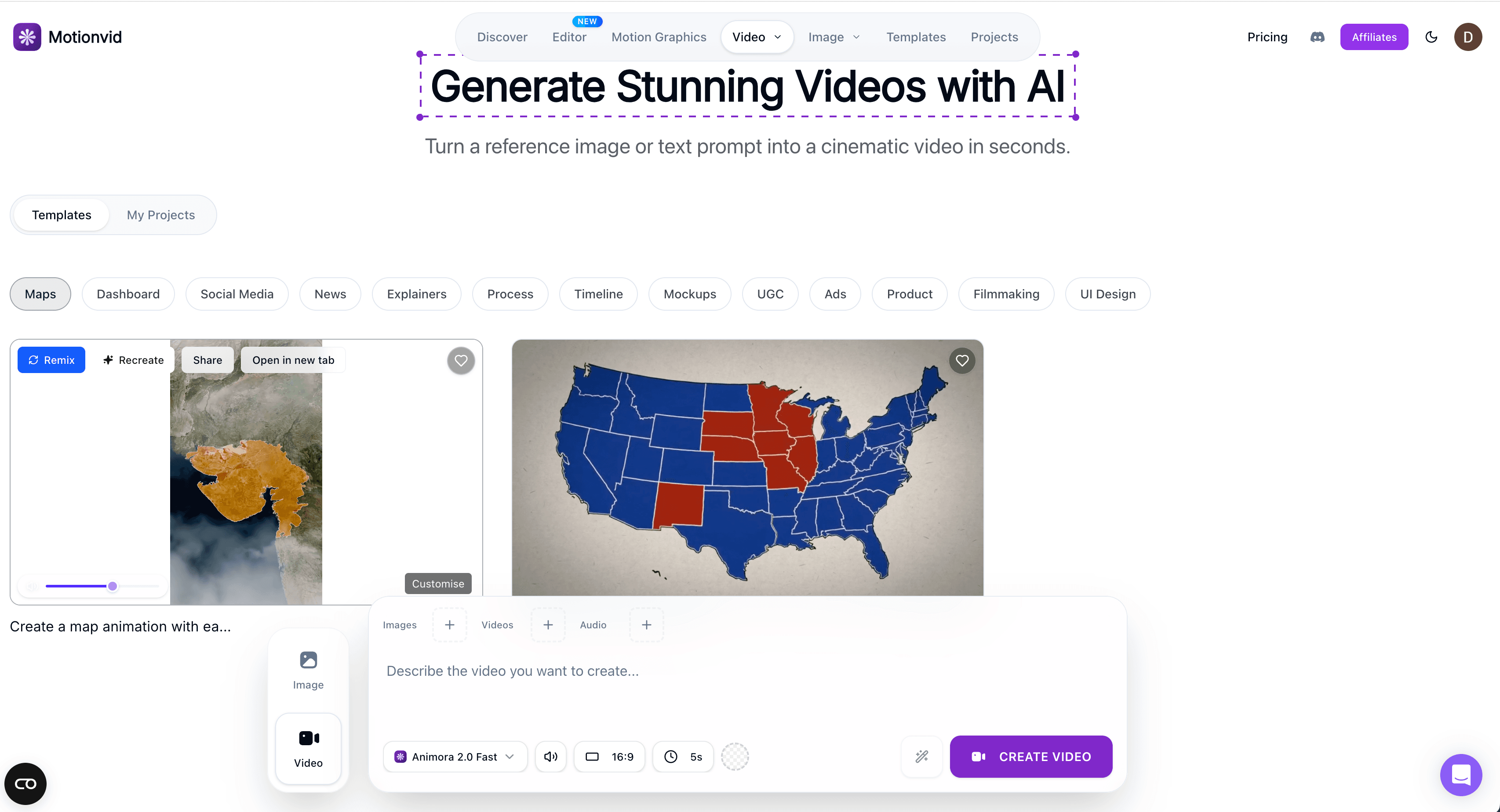Kartenanimation von Motionvid.ai mit geografischem Routen-Storytelling von New York nach London