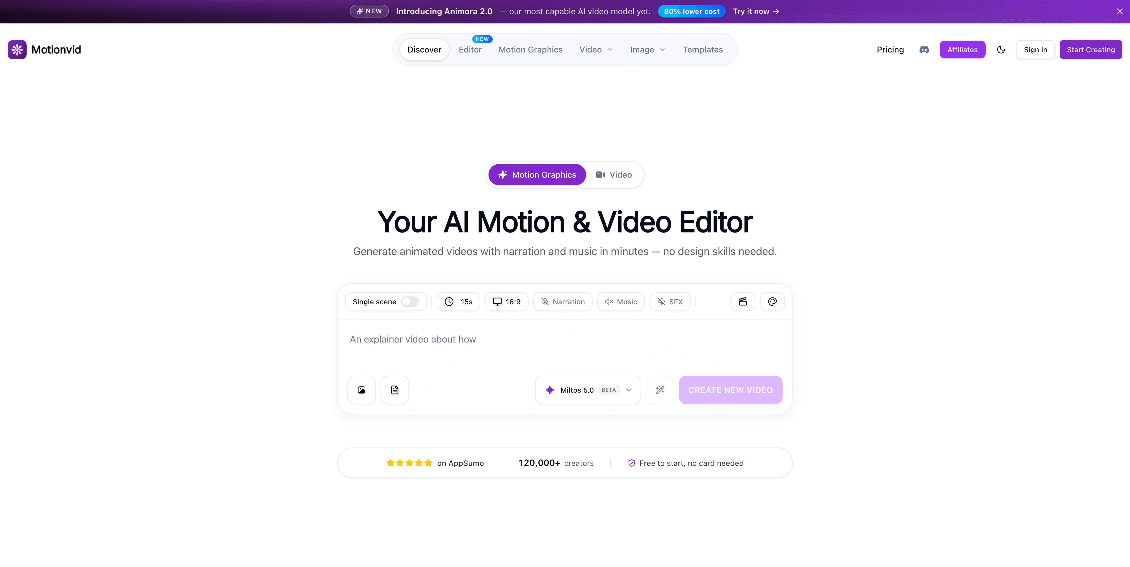 Startseite von Motionvid.ai mit der Benutzeroberfläche für KI-Motion-Graphics und Videogenerierung