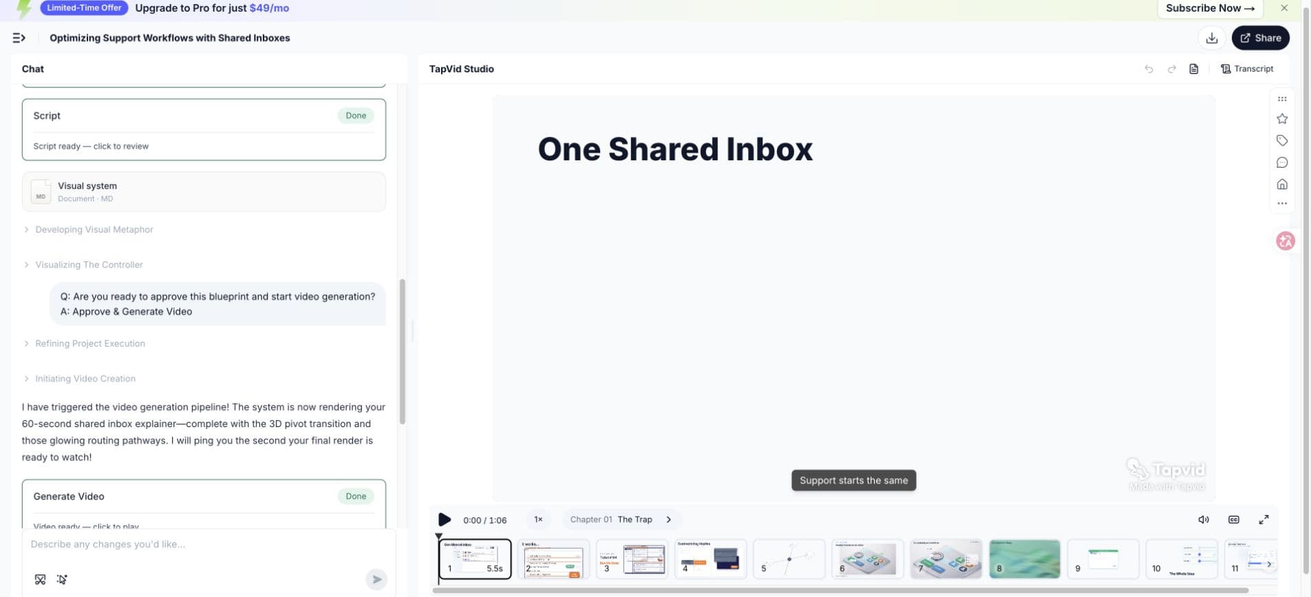 Hands-on test: TapVid editor with an 11-scene explainer video and a 1 minute 6 second timeline