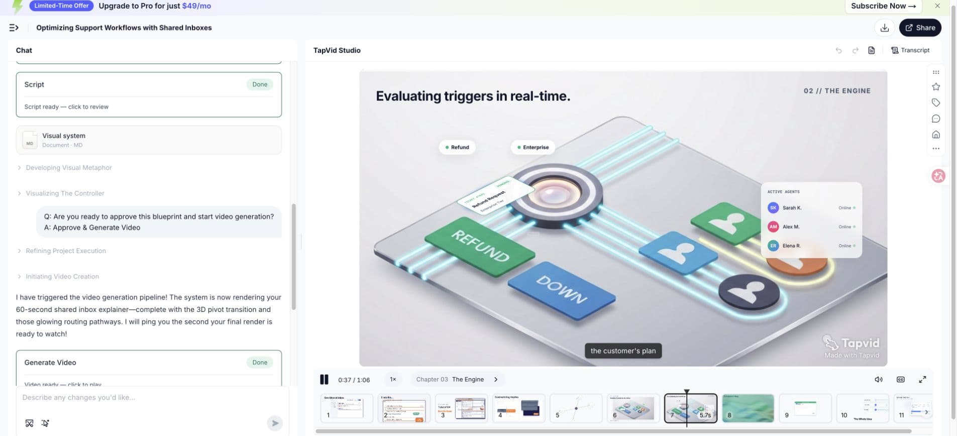 Hands-on test: explainer playback with consistent isometric visuals and readable subtitles