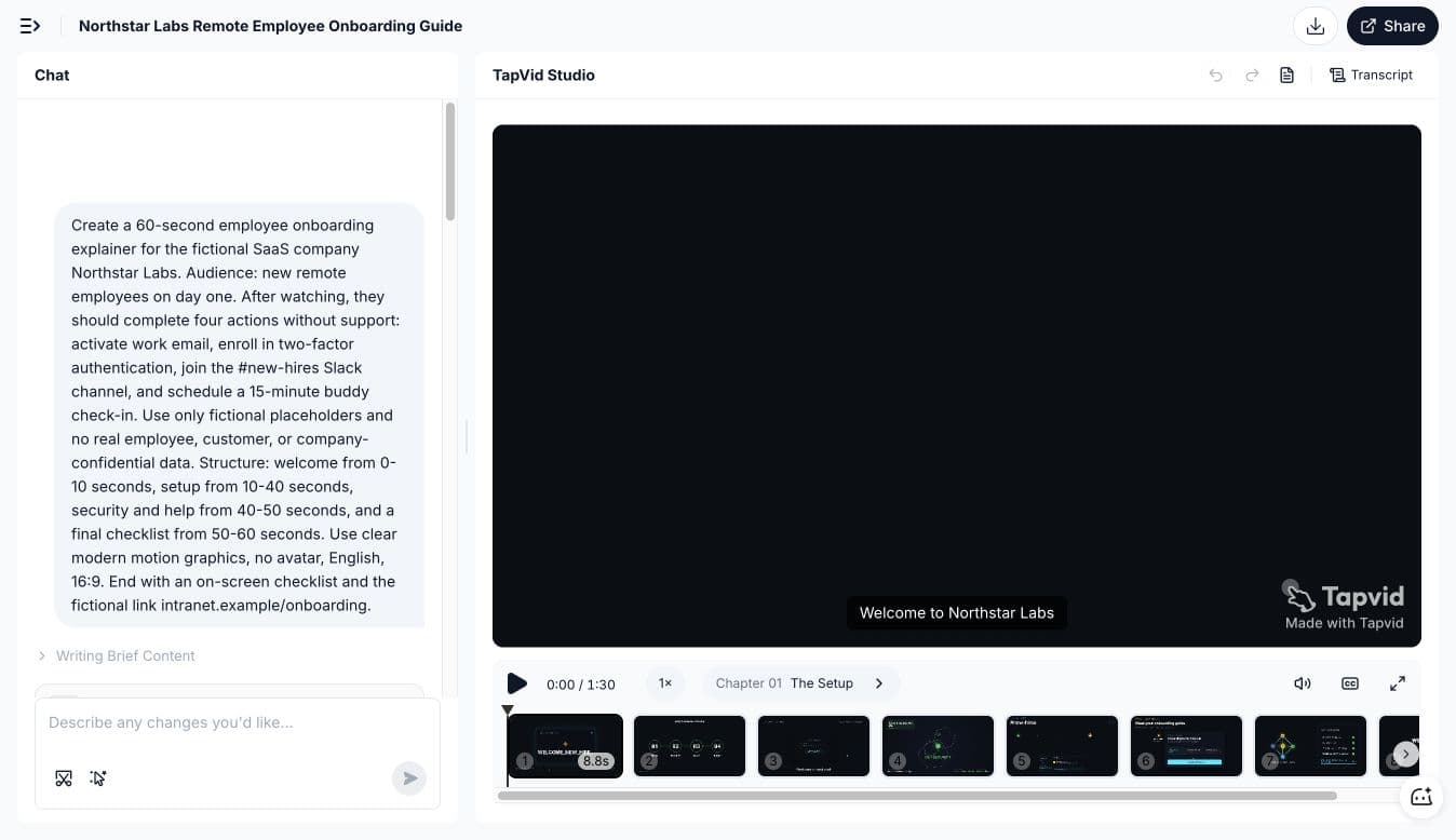 TapVid-Test mit KI-Video-Agent-Briefing und einem Onboarding-Video aus acht Szenen