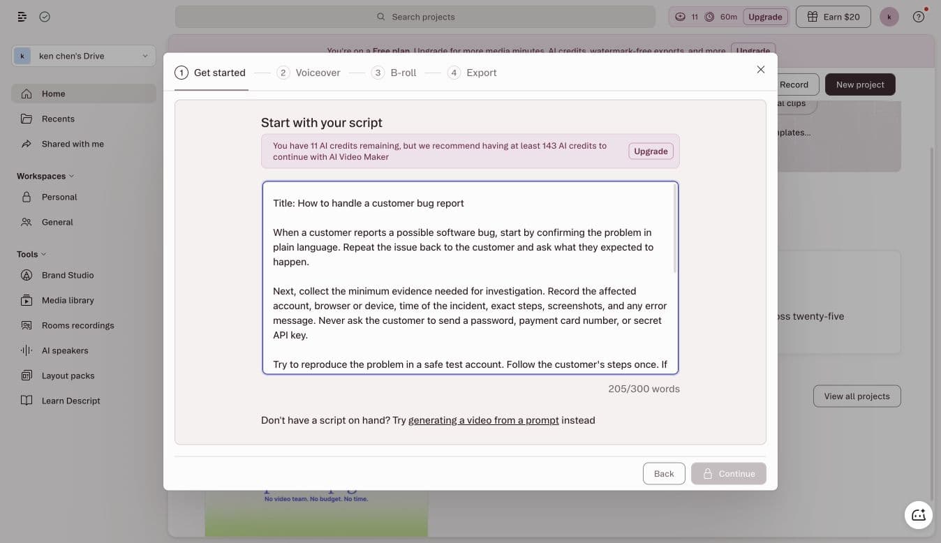 Descript AI Video Maker의 크레딧 요구