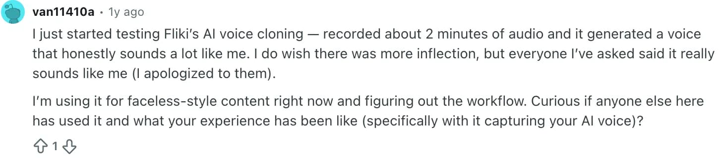Reddit comment about Fliki voice cloning similarity and inflection