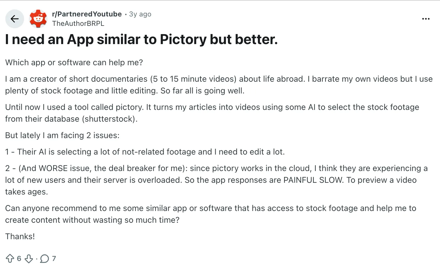 Reddit review describing Pictory stock footage matching and preview speed