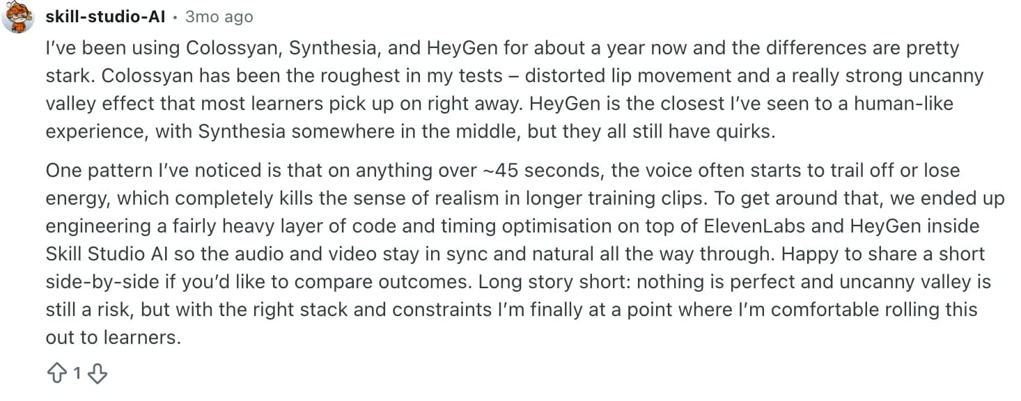 Reddit discussion about Synthesia and AI avatar training videos