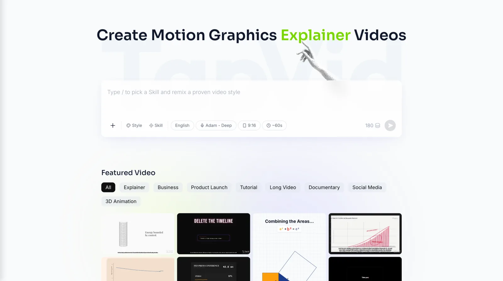 TapVid homepage showing the motion graphics explainer input and featured video gallery