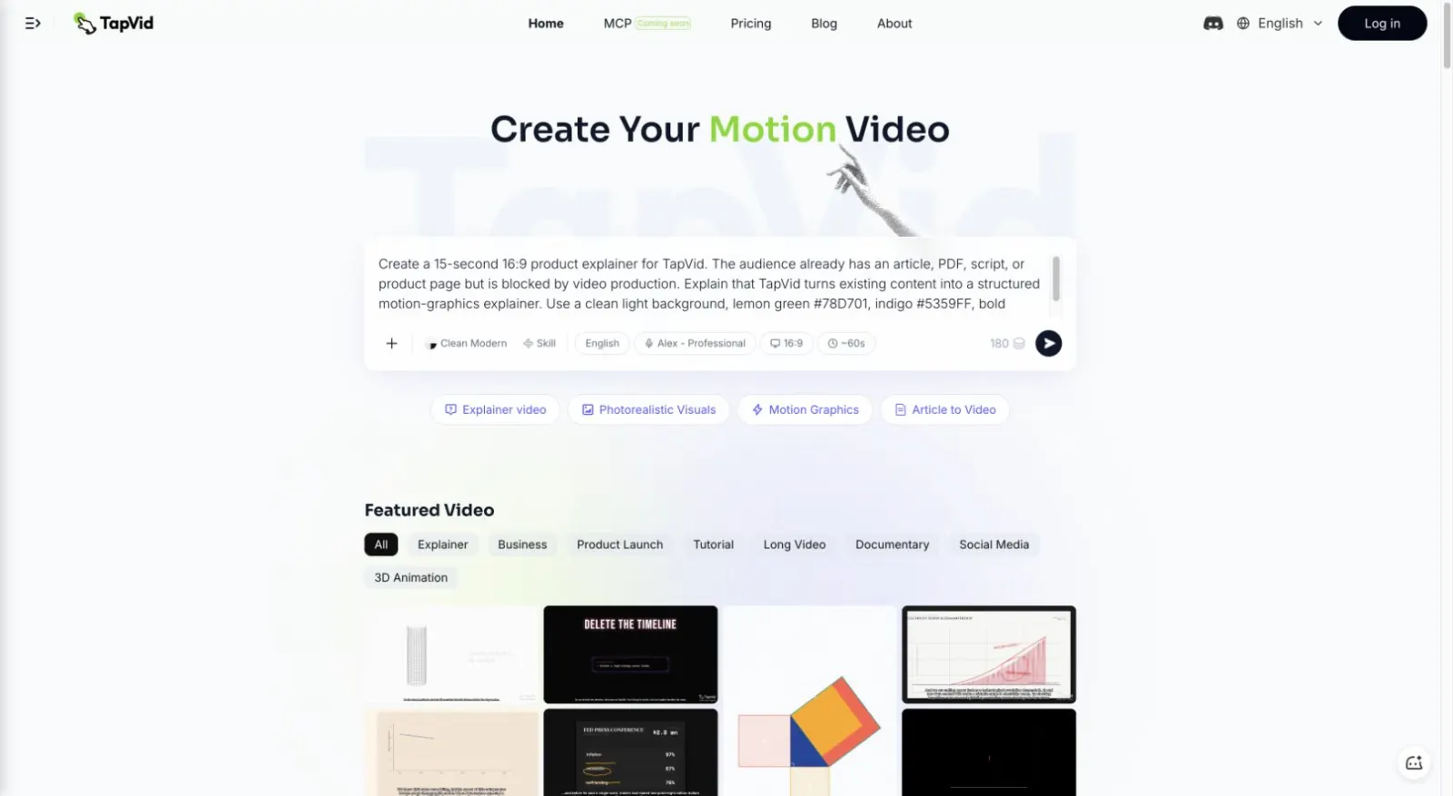 TapVid homepage with the exact social media explainer test brief and visible style, voice, aspect ratio, and duration controls.