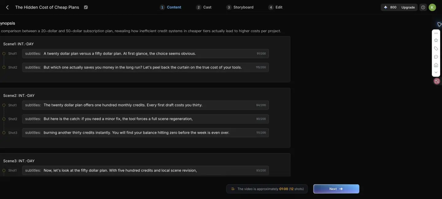 MagicLight generated script showing rewritten numbers and added credit calculations