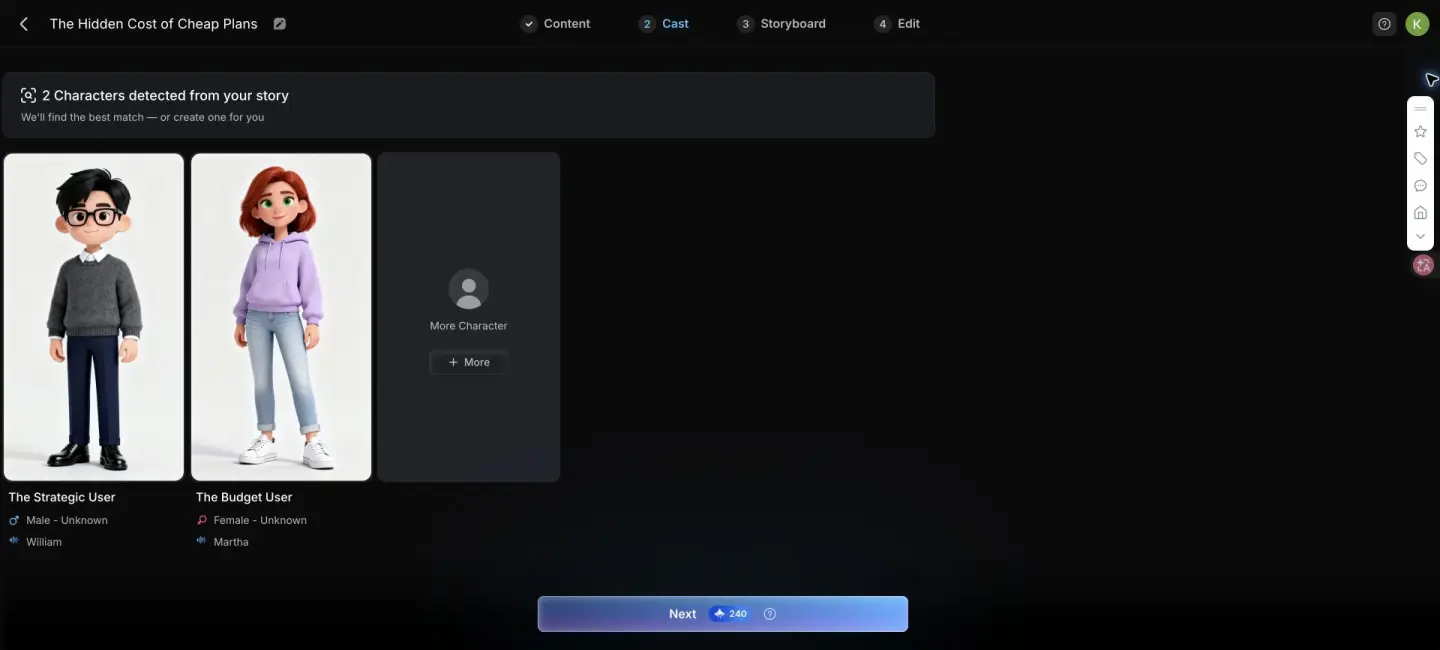 MagicLight generated cast with the Strategic User and Budget User characters