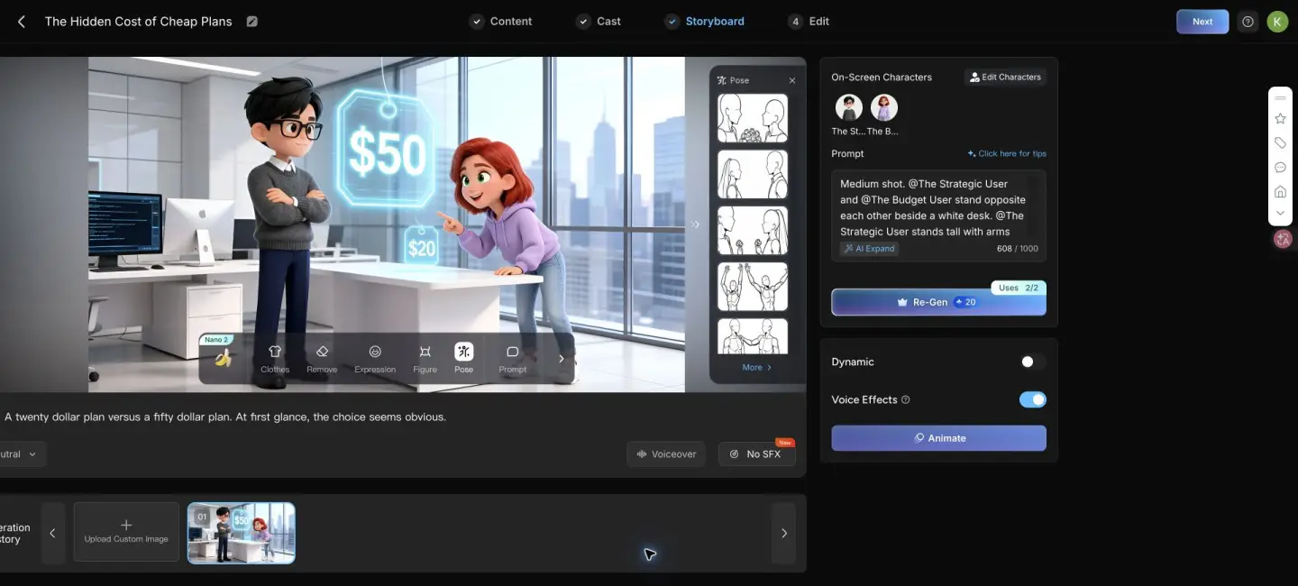 First MagicLight storyboard with consistent characters and visible $20 and $50 labels