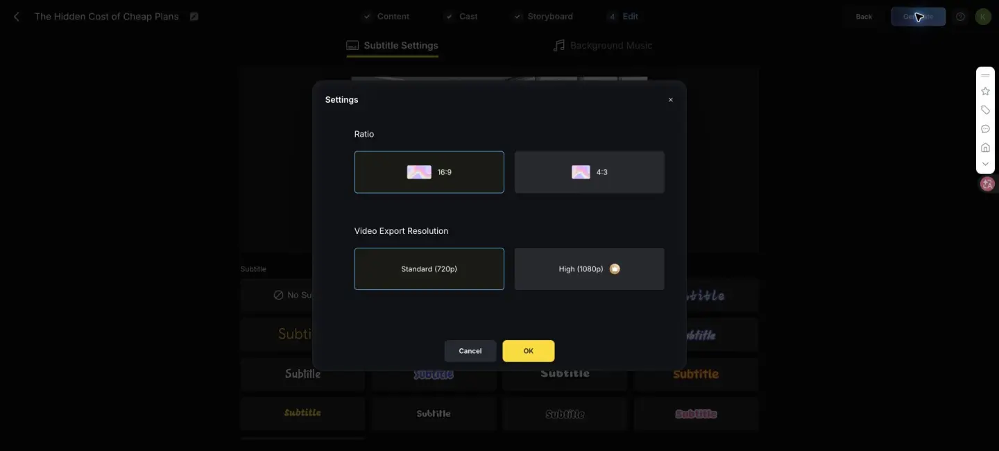 MagicLight export settings with 720p selected and 1080p marked with a membership crown
