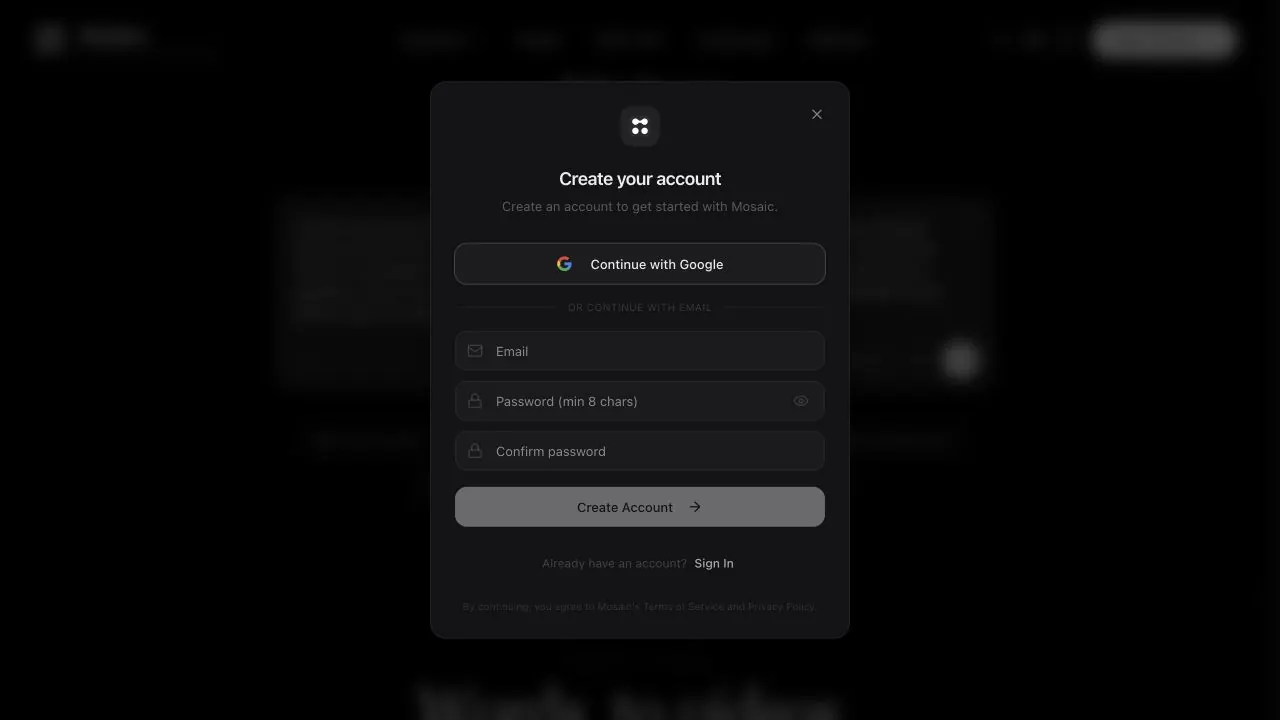Motion.so Create 비디오 액션 오프닝 Mosaic 계정 벽