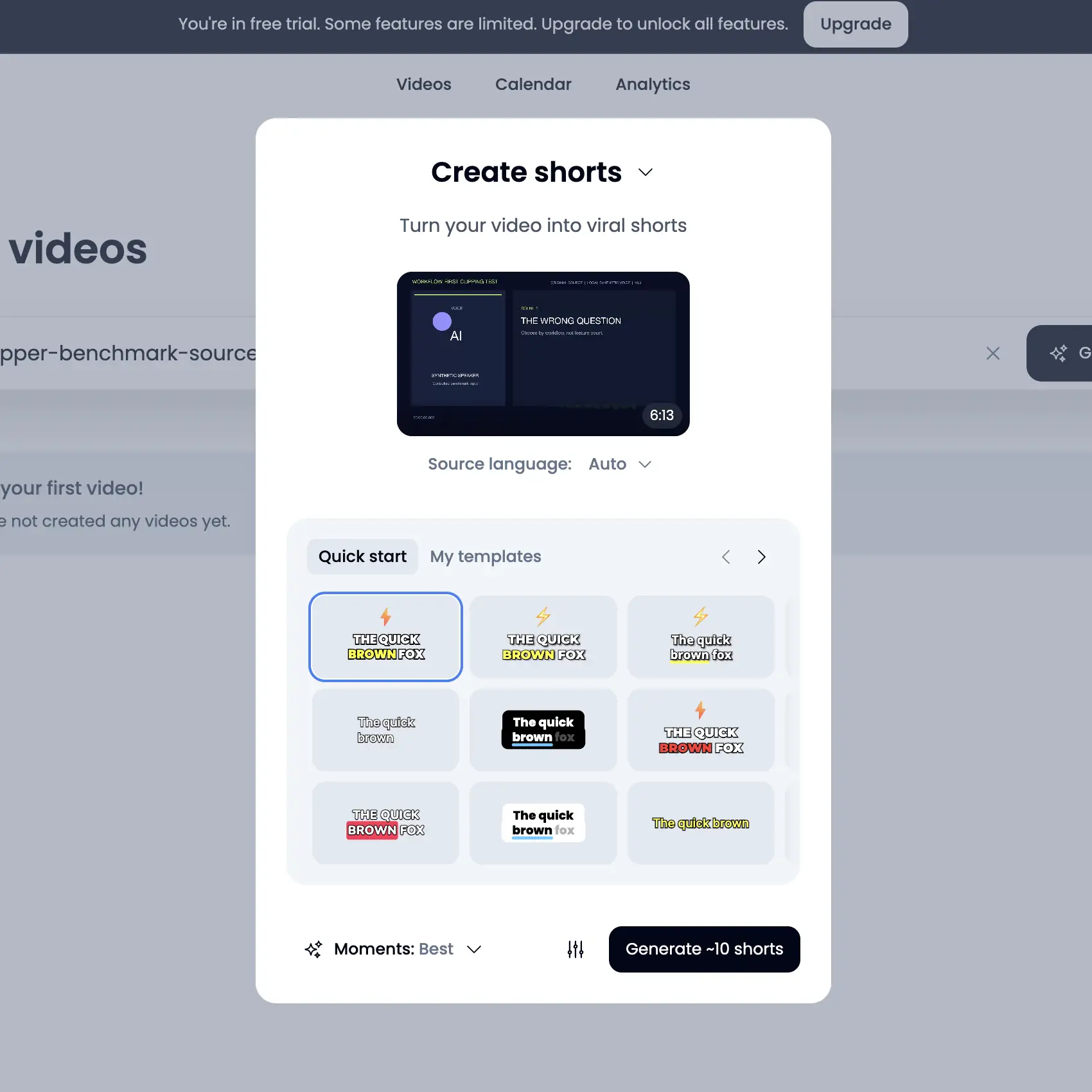 Competitor test: Klap generation setup showing the 6:13 controlled source, free-trial banner, Auto language, Best Moments, caption styles, and approximately ten shorts before the free-only stop