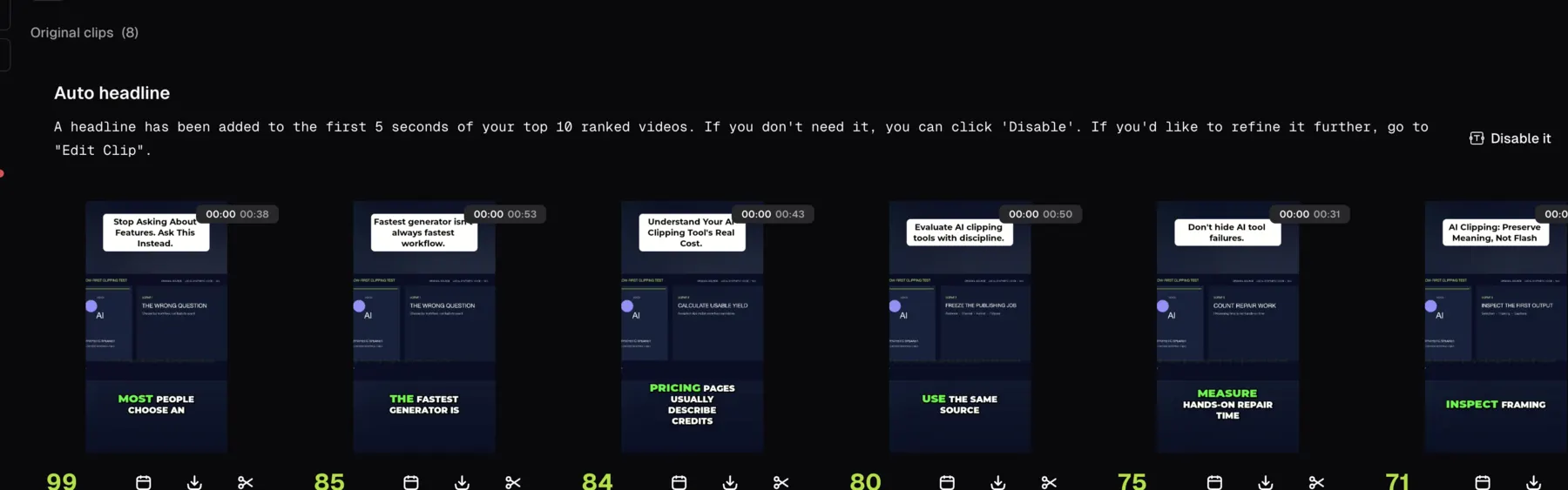 Competitor test: OpusClip first-output candidates from the controlled test