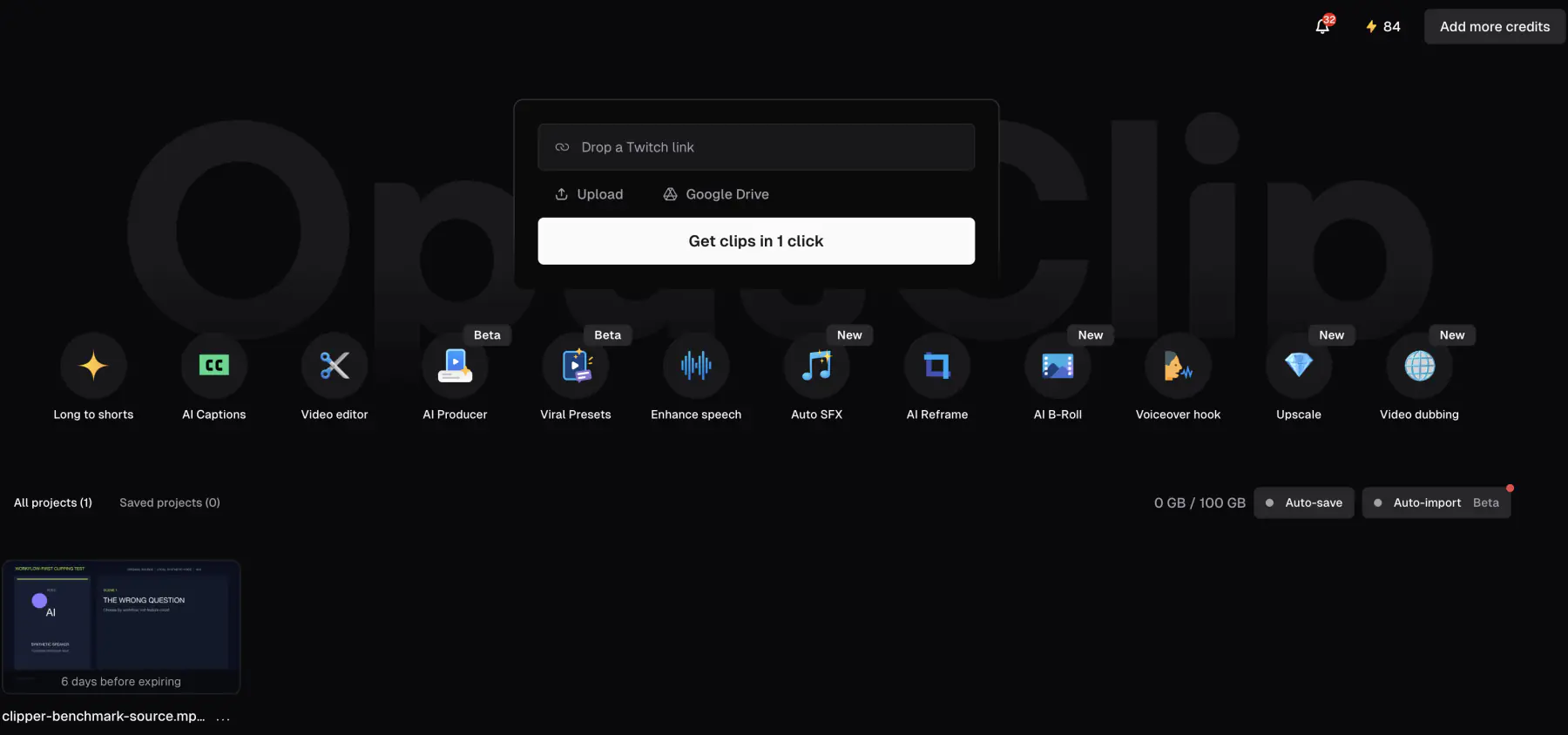 Competitor test: OpusClip workspace and source project used for the controlled long-video-to-shorts test