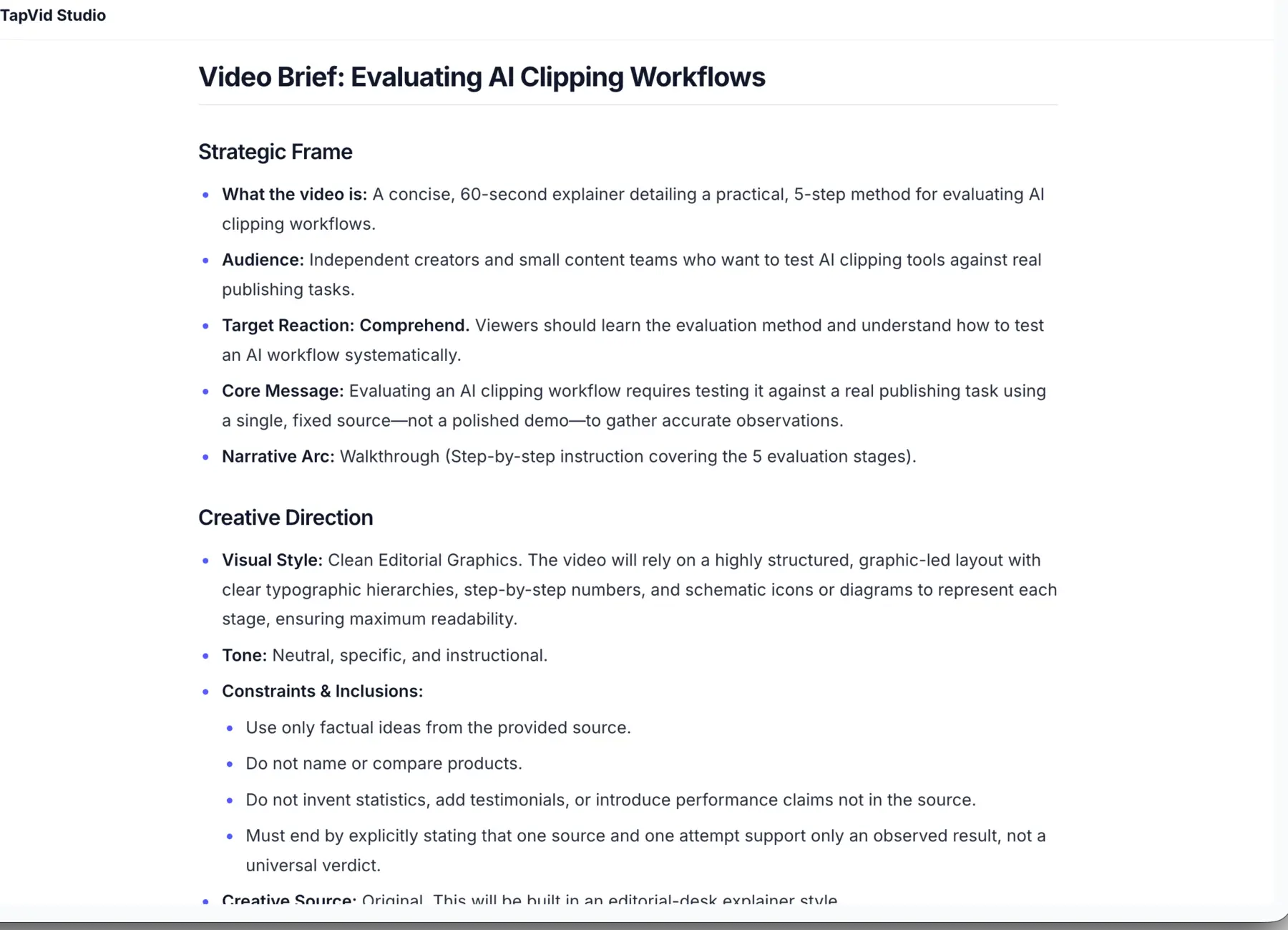 Hands-on test: TapVid brief generated from the controlled written source