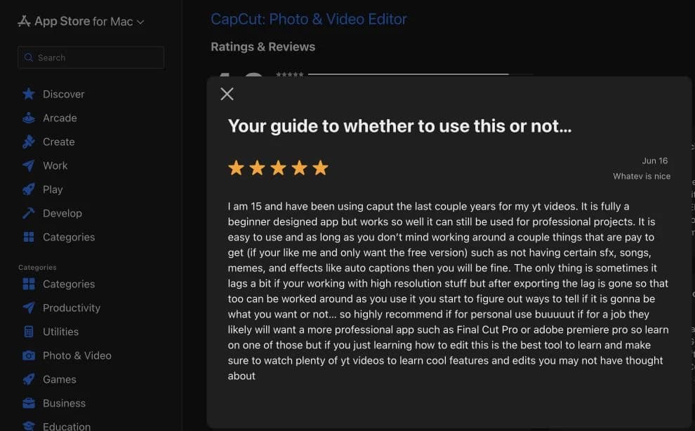 User review: CapCut App Store reviewer describes an easy editor with paywalled features and high-resolution lag