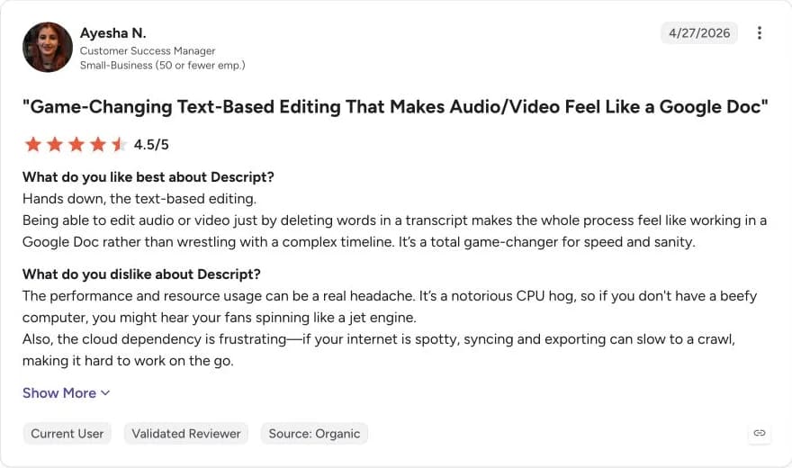 User review: Descript G2 reviewer praises transcript-based editing and flags CPU use and cloud dependency