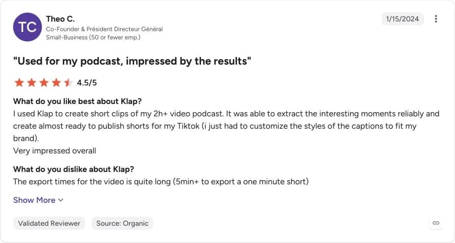 User review: Klap G2 reviewer reports reliable podcast clip selection, caption-style edits, and slow exports