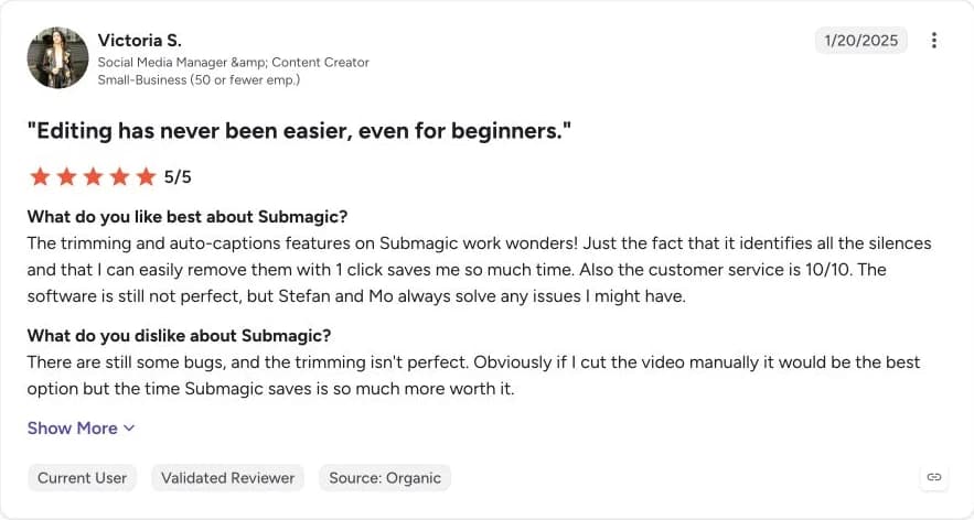 User review: Submagic G2 reviewer says silence removal and auto-captions save time but trimming still needs review