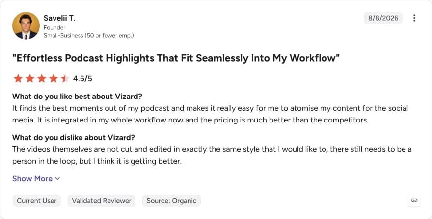 User review: Vizard G2 reviewer says it finds useful podcast moments but still needs a person in the loop
