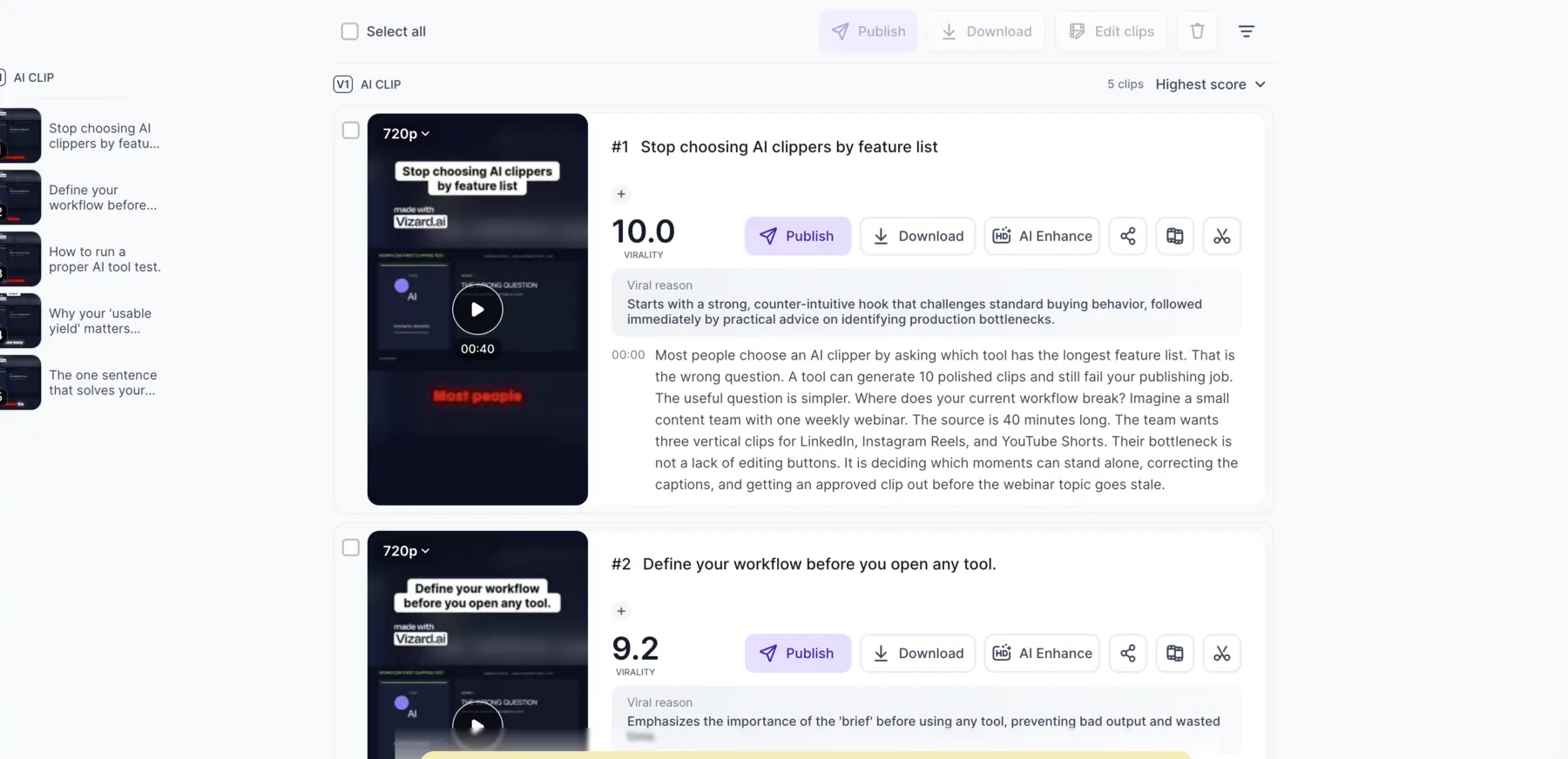 Competitor test: Vizard first-output candidate list from the controlled test