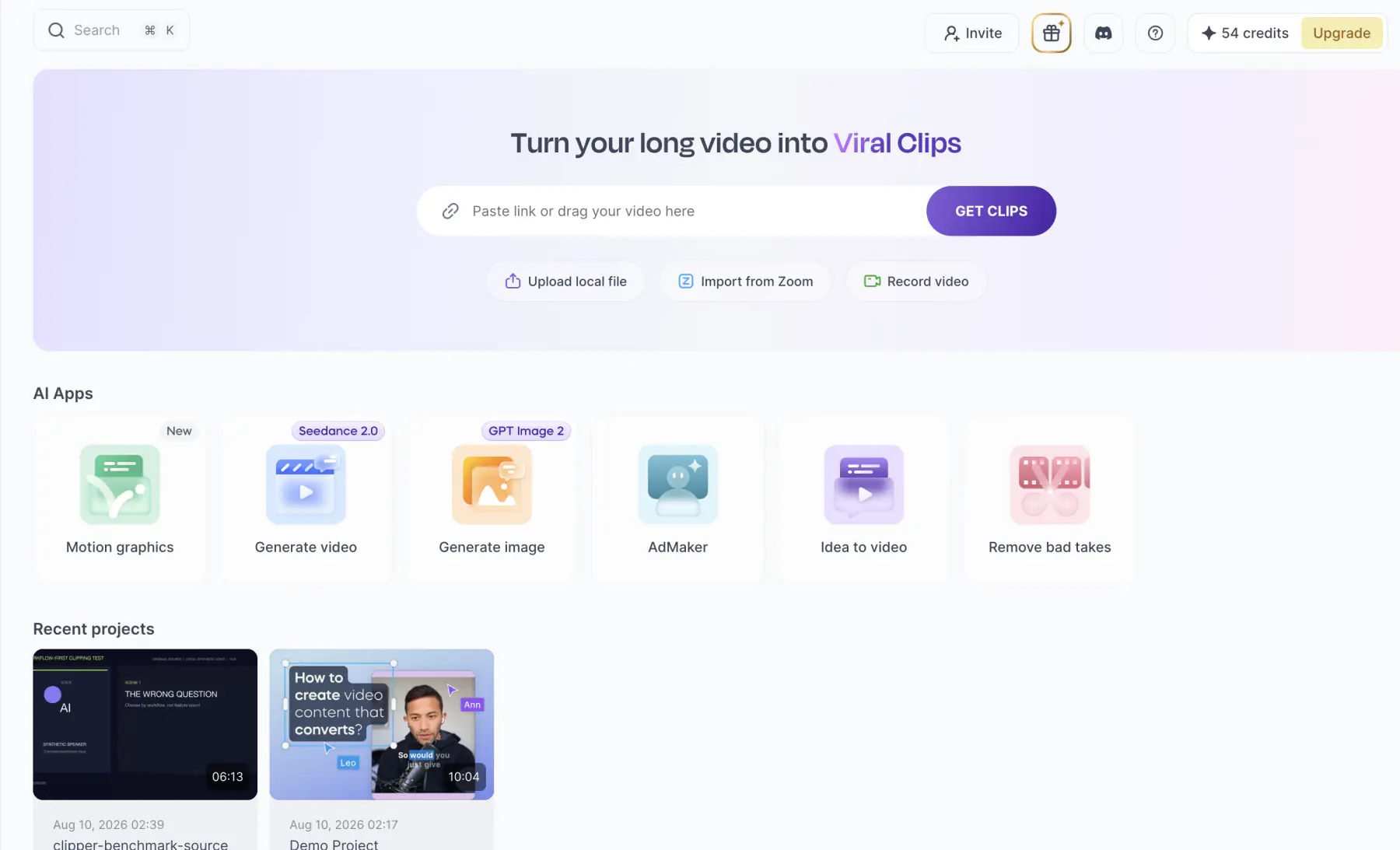 Competitor test: Vizard workspace with the long-video input route, visible balance, and controlled source project