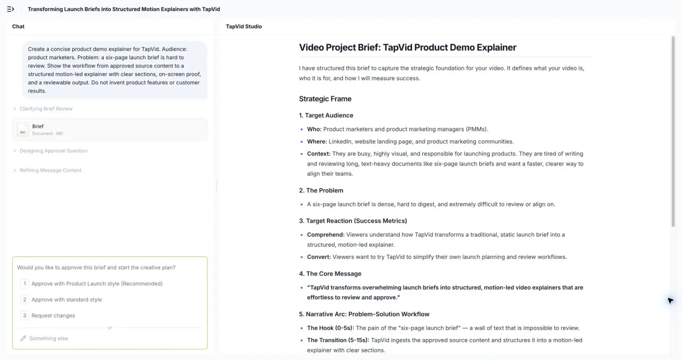 Praxistest: TapVid strukturiert den Produktdemo-Prompt in Zielgruppe, Problem, Zielreaktion, Kernbotschaft und Erzählbogen