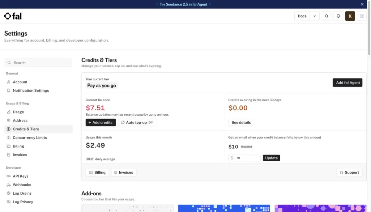 fal balance showing $7.51 remaining and $2.49 used after three Seedance 2.5 tests