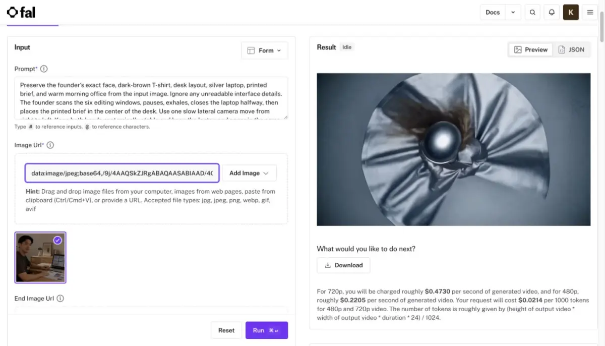 fal Seedance 2.5 founder-desk input and prompt used for the paid test