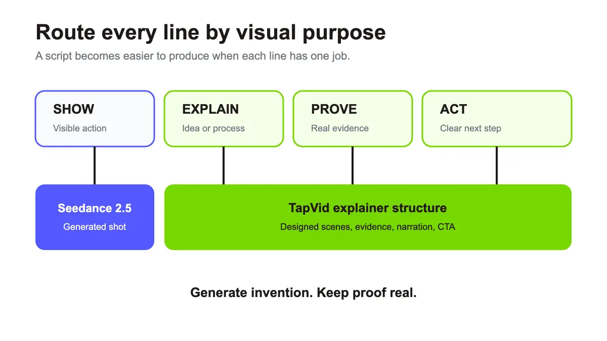 Decision tree for choosing Seedance 2.5 shots or a TapVid script-to-explainer workflow