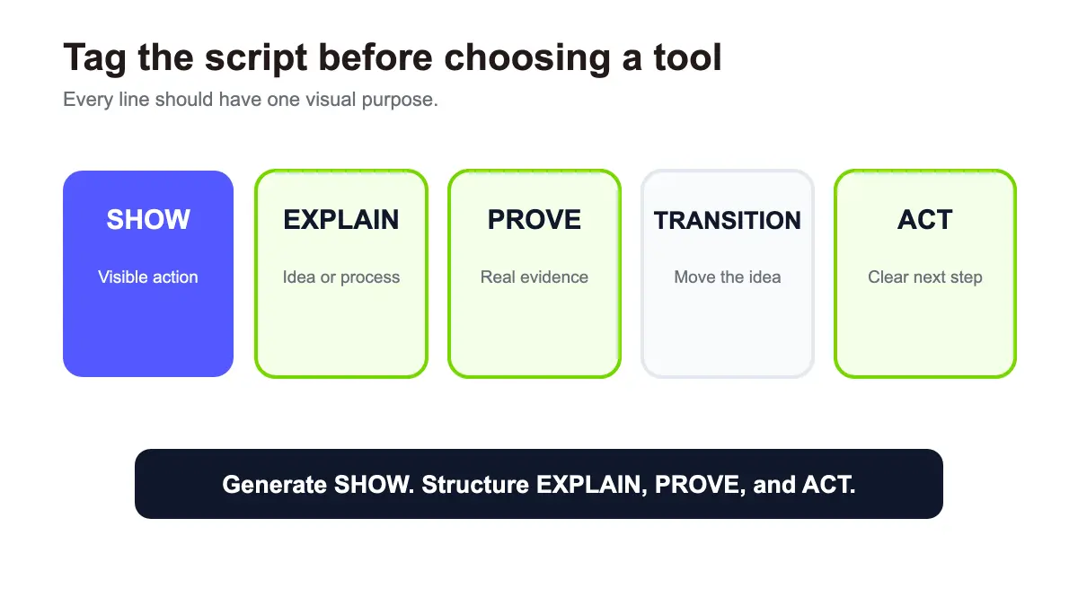Script to video AI tagging framework for show, explain, prove, transition, and act lines